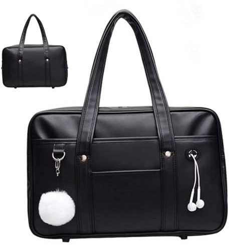 Japanese School Bag, Large Capacity PU Leather Japanese Bag with Multi-pocket, School Handbag with Headphone Cable Hole, Zipper Shoulder Bag for School Student Uniform Laptop,Japanese Bag
