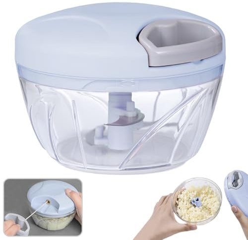 Hachoir à légumes 500 ml – Robot de cuisine manuel multifonction – Design à tirer à la main avec poignée et couvercle – Trancheuse, coupe-légumes et mélangeur pour oignons, ail, poivrons, fruits, noix
