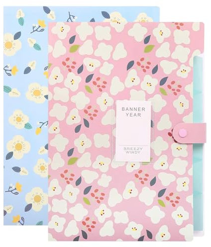 Hwtcjx 2 Stück Dokumentenmappe A4, Fächermappe, Erweiterbare Mappe mit 5 Fächern, Document Organizer, Ordnungsmappe Mappen Ordnersystem für Schule Zuhause Bürobedarf (Rosa, Blau)