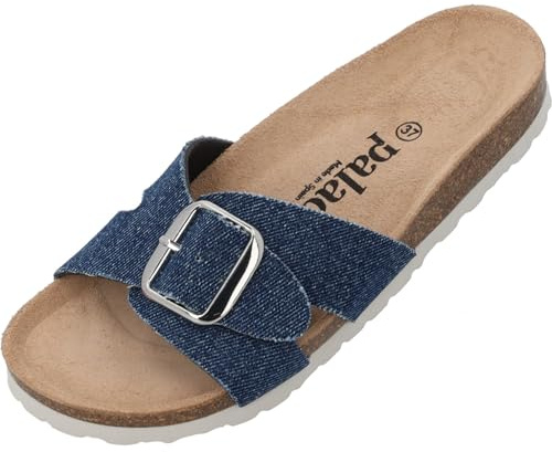 Palado Damen Pantoletten Tinos Jeans – elegante Sandalen Made in Spain - bequeme Hausschuhe mit Kork-Fußbett - modische Sommerschuhe