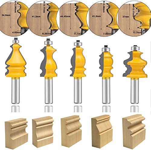 QQXUAN 1/2-Inch Shank Architectural Molding Router Bit Set 5 PCS, Corner Rounding Edge-Forming Roundover Beading Router Bit Set, Woodworking Milling Cutter Tools, Carbide Cutter CNC Router (FJ-55)