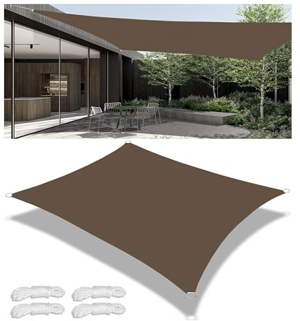 Tenda a Vela Ombreggiante Impermeabile Rettangolare Protezione Raggi UV 98% Tenda da Sole Poliestere Antistrappo Con 4 Corde Fisse per Giardino Balcone Piscinae Terrazza Marrone 5x7M
