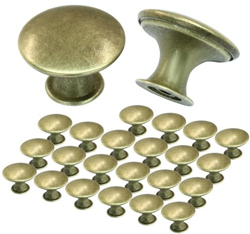 Cjueiom 24Pcs Kitchen Cabinet Knobs, Antique Brass Door Knobs, 30mm Round Metal Cabinet Pulls with Matching Screws for Drawer Dresser Cupboard Wardrobe