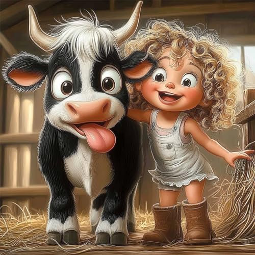 HEIBAGO Diamond Painting Für Anfänger, 5D Kleines Mädchen Mit Einer Kuh Full Drill Diamant Painting Erwachsene, DIY Cross Embroidery Diamant Kunst Sets Diamond Art Bilder Für Wanddekor 30 * 30cm