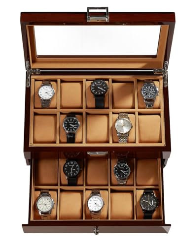 Homruilink Scatola porta orologi in legno, custodia da 20 scomparti con coperchio in vetro, organizer a 2 strati per uomo e donna, fodera in velluto, regali di Natale, marrone