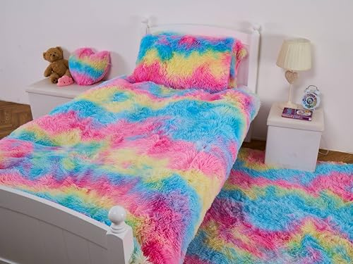 Dolce Vari Rainbow Snuggle Scape Duvet Set - Soft, Warm & Cosy Luxury Kids Bedding, Fluffy Fur Cover (Rainbow Icecream, Single)