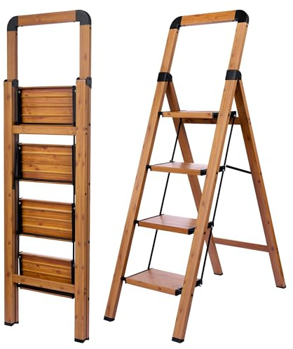 BIBKOKE Scaletta pieghevole in alluminio con finitura venata del legno, 4 gradini, antiscivolo, portatile, robusto, per casa e cucina, ufficio, 150 kg