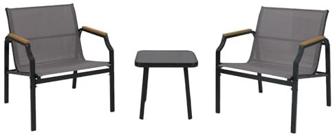 GOPLUS Salon de Jardin Exterieur 2 Personnes, Table Basse en Verre Trempé avec Chaises en Tissu,3 Pcs Salon de Bistro Extérieur Moderne pour Balcon, Jardin, Bord de Piscine