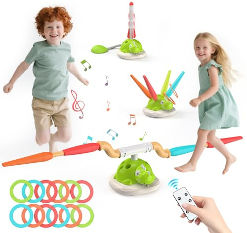 IMAYCC 3 In 1 Dinosaur Musical Jump Ring Toss Game Rocket Launcher for Kids Toddler Outdoor Toys Garden Games with Remote Control, for Kids Boys Girls 3-10 Gifts