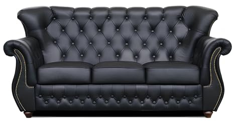 FIRLEY-DESIGN Sofa Chesterfield London 3-Sitzer, Ledersofa mit Knopfheftung & Weich Gepolsterten Armlehnen, Pflegeleichte Couch, Loungesofa für Wohnzimmer, Büro, Kanzlei & Hotel, Schwarz
