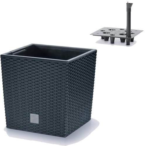 Prosperplast Blumentopf mit Einsatz und Bewässerungssystem | anthrazit | wetterfest & UV-beständig | aus robustem Kunststoff | für Innen- und Außenbereich | 26,2 x 26,2 x 26,6 cm