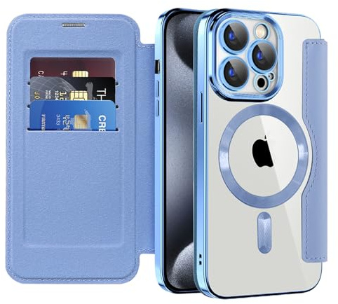 IMEIKONST for iPhone 15 Pro Case Flip Wallet Cover, Light Blue JDCX | RFID Blocking Card Holder, Camera Lens Protection, Magnetic Transparent TPU Back, Compatible with MagSafe, PU Leather