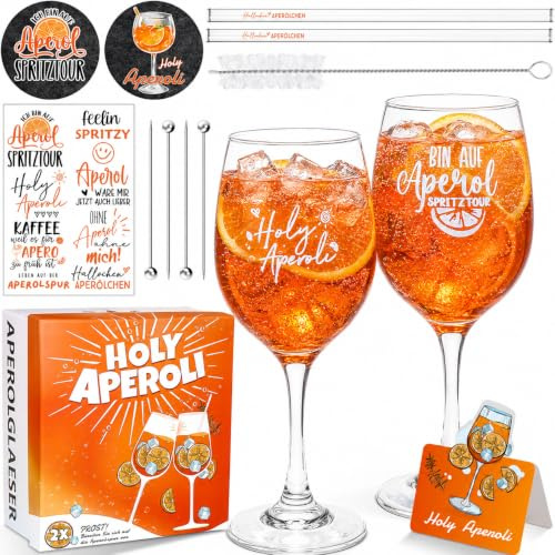 ImnBest Set di 2 bicchieri Apero con incisione cannucce di vetro | sottobicchieri, bicchieri da cocktail adesivi per aperolo, ottimo regalo