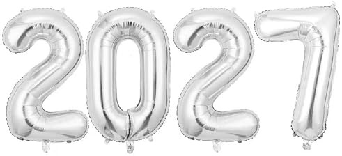 Silvester Deko 2027 Zahlen Luftballon, 32 Zoll Schwarz Folienballon Zahl für Neujahr Party Dekorationen (Silber)