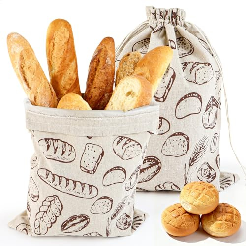 Brotbeutel Leinen, Brot Aufbewahrungsbox, Brotsack mit TPU Innenfutter, 2 Stück Beutel mit Kordelzug für Brots Aufbewahren, Brot Backen Zubehör für Baguette Selbstgemachtes