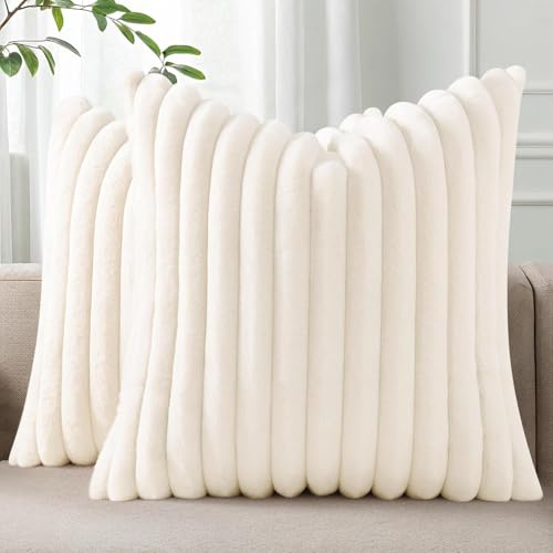 Homaxy Kunstfell Kissenbezug 50x50 2er Set, Creme Weiß | Deko Weich Flauschige Gestreift Kissenhülle, Plüsch Sofakissen Dekokissen Couchkissen für Wohnzimmer Schlafzimmer Sofa
