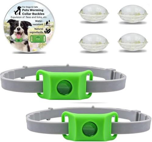 Pets Collier Anti Puce et Tique Naturel pour Chien, Répulsif aux Huiles Essentielles avec 4 Capsules Remplaçables, Collier Réglable sans Contact Direct Peau, Compatible AirTag (Vert-2PCS)