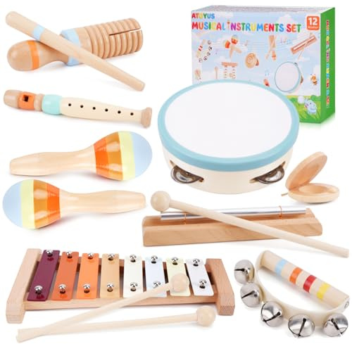 ATOYUS Montessori Musikinstrumente Spielzeug für Kinder ab 1 Jahr, 8-teilig | Holz Schlaginstrumente für 1-3 Jährige Jungen und Mädchen, mit Xylophon, Maracas, Geschenk zum 1. Geburtstag & zu Weihnachten