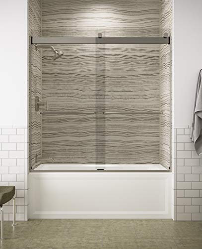 KOHLER K-706006-L-MX Levity Porte coulissante de baignoire avec verre transparent de 0,6 cm d'épaisseur, 59-3/4 H x 56-5/8-59-5/8 W, nickel mat