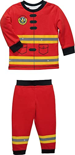 Erwin Müller Kinder-Schlafanzug, Pyjama Feuerwehrmann Single-Jersey rot Größe 122/128-100% Baumwolle, hautfreundlich, kuschelweich, mit Rundumgummizug