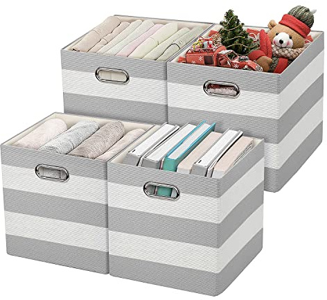Posprica 3X Thicker Storage Bins Storage Cubes,11×11 Collapsible Storage Boxes Containers Organizer Baskets for Nursery,Office,Closet,Shelf - 4pcs, Grey-white Striped