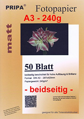 pripa 50 Blatt InkJet Fotopapier - matt beidseitig beschichtet - OHNE Glanz - DIN A3-240g - Tintenstrahldrucker