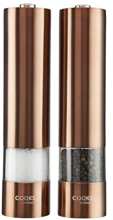 Cooks Professional Electric Automatic Salt & Pepper Mill Set with Adjustable Grinding, Easy to Refill, One Touch Button Condiment Grinder (Copper)��
