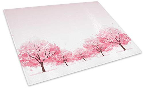 Pink White Cherry Blossom Glass Chopping Board Kitchen Worktop Saver Protector