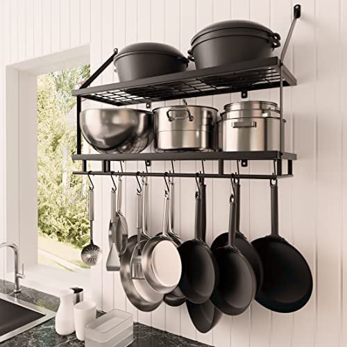 KES Pot Pan Rack for Kitchen Hanging, 76CM Pan Hanger Rack Wall Mounted, 2-Tier Pot Rack Shelf with 12 Hooks for Kitchen Storage and Organization Matte Black, KUR215S75B-BK