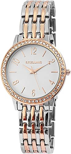 Excellanc Damen-Uhr Metall Gliederarmband Faltschließe Strass Analog Quarz 1800125 (silberfarbig roségoldfarbig)