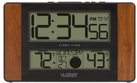 La Crosse Technology 513-1417CH-INT Atom-Digitaluhr mit Temperatur und Mondphase, 29 cm L x 2,8 cm B x 16,6 cm H, Kirschrot