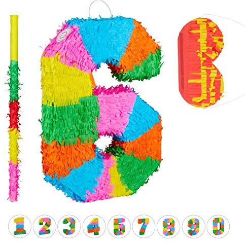 Relaxdays 3 TLG. Pinata Set Geburtstag, Zahl 6, Pinatastab mit Augenmaske, Kinder & Erwachsene, Piñata zum selbst Befüllen, bunt