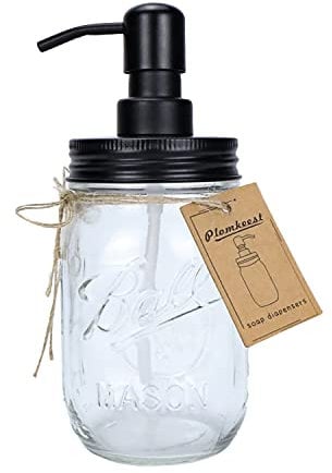 Plomkeest 480 ML Distributeur de Savon en Verre Transparent avec Pompe en Acier Inoxydable pour Salle de Bain, Cuisine, idéal pour Les lotions, savons liquides Noir