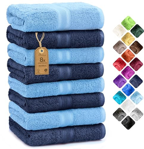 NatureMark 8er Pack Handtücher, 100% Baumwolle, 50 x 100 cm, Handtuch Set Hellblau/Navy