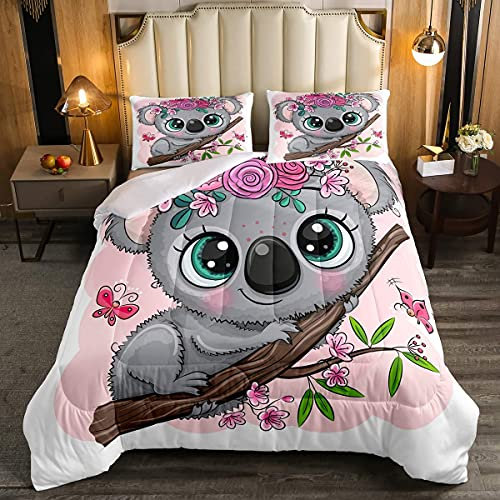 Erosebridal Cartoon-Koala-Bettwäsche-Set, Doppelgröße, niedliches Koala-Bettwäsche-Set, Kirschblüten-Rose, Kinderzimmer-Steppdecke, Set mit Schmetterlings-Zweigblättern.