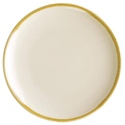 Olympia Kiln Sandstone Round Coupe Plates, 178mm, Pack of 6, Cream, 178 mm | Hand-applied rim drip dries naturally for an artisan feel. Reactive-glazed porcelain is microwave and dishwasher safe.