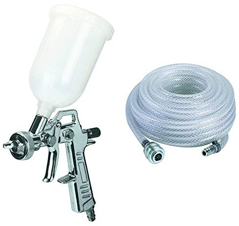 Einhell Pistola pintura con deposito superior, capacidad de 0,6 l, metálico y blanco (ref.4133000) + Manguera de compresor (10m, con compresores de 6 mm)