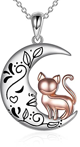 YAFEINI Cat Necklace for Women 925 Sterling Silver Moon Cat Pendant Rose Flower Jewellery Gifts (Moon and rose cat)
