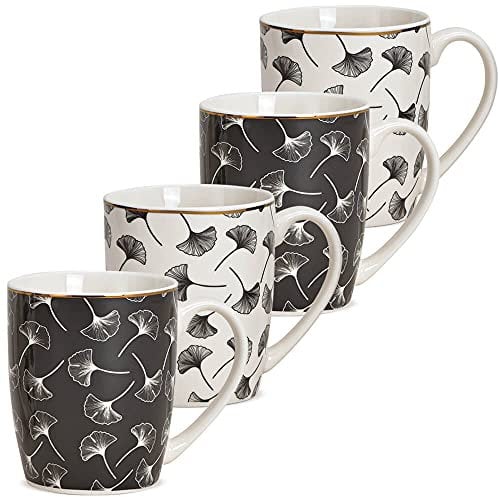 Tassen 4er Set in weiß schwarz mit Ginkgo Blatt - Moderne Porzellan Kaffeetassen in 300ml für Cappuccino Kaffee Tee - Außergewöhnliche Kaffeebecher spülmaschinenfest und mikrowellengeeignet