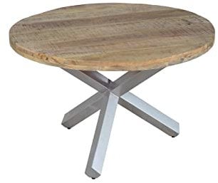 SAM Runder Esszimmertisch 140 cm Runis, Mangoholz massiv & naturfarben, Esstisch im Used-Look, silberner Metallfuß in Sternform, aufgedoppelte Tischplatte 50 mm (25+25mm)