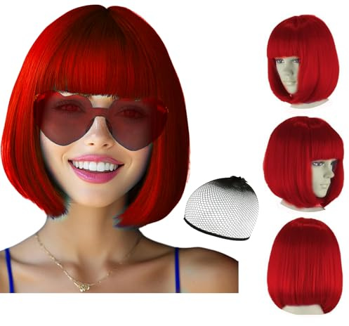 Party Wigs Wig Cap and Sunglass Set,Short Bob Hair Wigs Straight with Flat Bangs Synthetic Colorful Cosplay Daily Party Neon Wig for Women (Red)