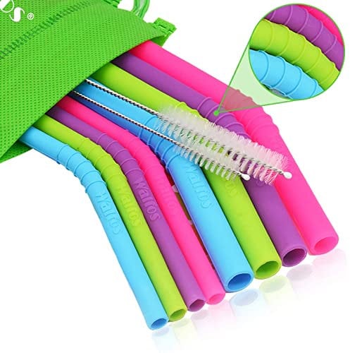 Pailles en silicone réutilisables, Pailles flexibles WALFOS pour boissons froides ou chaudes (8 pièces), 2 brosses de nettoyage, sûres et écologiques