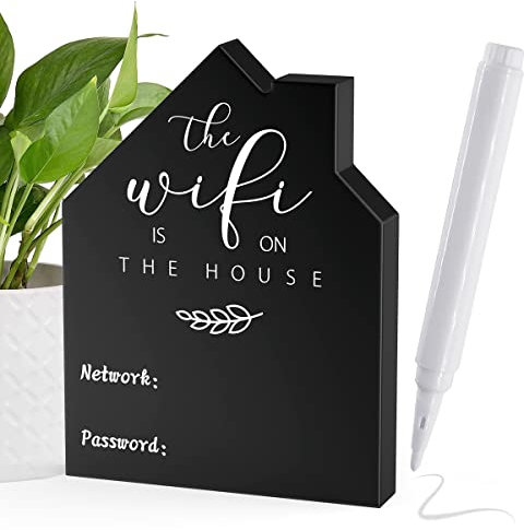 Wifi Passwortschild für Zuhause, Holztisch, Wifi-Schild, freistehend, Kreidetafel-Stil, Hausform mit Tafel, abwischbarer Stift für Zuhause, Geschäft, Gästezimmer, Tischdekoration (1)