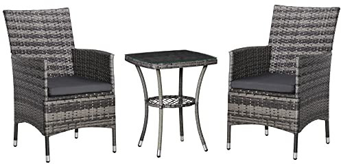 Outsunny Polyrattan Gartenmöbel Set, Outdoor Lounge Balkonmöbel für 2 Personen, 3-teilig Sitzgruppe, 2 Stühle, Tisch Sitzkissen, Gartenlounge für Garten, Terrasse, Balkon, Dunkelgrau