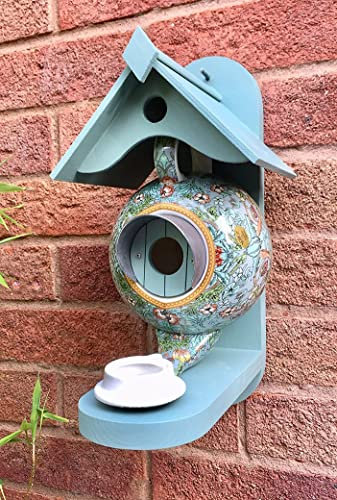 Hummingbird Houses,Bird House and Feeder Teal Teapot Birdhouse Feeder Outside Hanging Hummingbird Nesters Garden Courtyard Hanging Bird Nest Decoration Humming Bird House (Green)