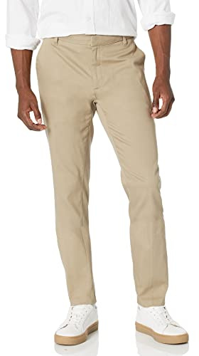 Amazon Essentials Pantalon chino extensible à coupe ajustée et infroissable, sans pinces Homme, Havane, 30W / 32L