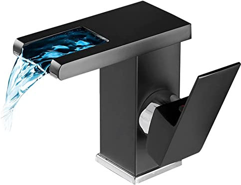 Robinet Salle De Bain Cascade LED 3 Couleurs Robinet Lavabo, Noir Style Moderne Monocommande Laiton Mitigeur Lavabo Eau Chaude Et Froide Disponible, Robinetterie Vasque