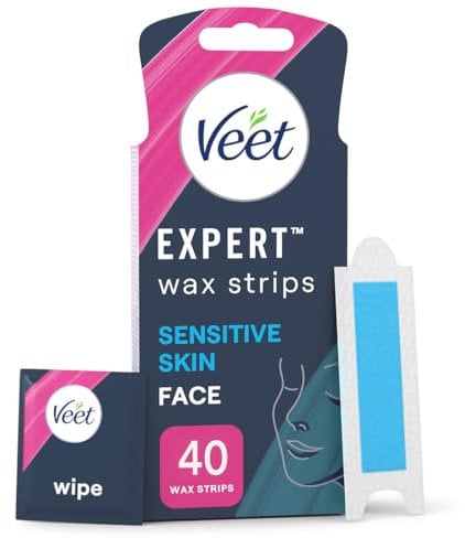 Veet Expert Facial Wax Strips for Women, 40 Count + 4 Finish Wipes, Sensitive Skin Remover with Almond Oil, Dermatologically Tested, Effective Face Solution