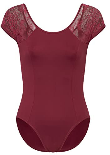 tanzmuster Ballett Trikot Damen Kurzarm - Maike - BH-Pad-Einschub - geblümte Spitze - burgunder 38 - Tanz Body - Ballettkleidung für Erwachsene