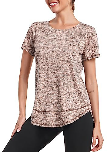 Deaviya Sport T-Shirt Damen, Kurzarmshirt Frauen, Workout Tops Rundhalsausschnitt Athletisch Lässig Laufen Yoga Fitness T-Shirts Locker (DE/NL/SE/PL, Alphanumerisch, L, Braun)